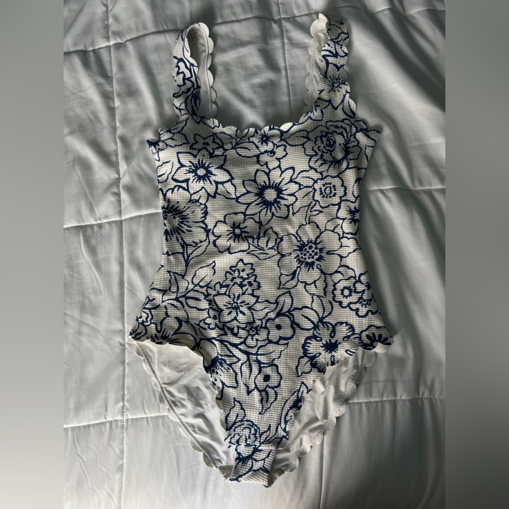 Floral Blue & White Scalloped One Piece Swimsuit